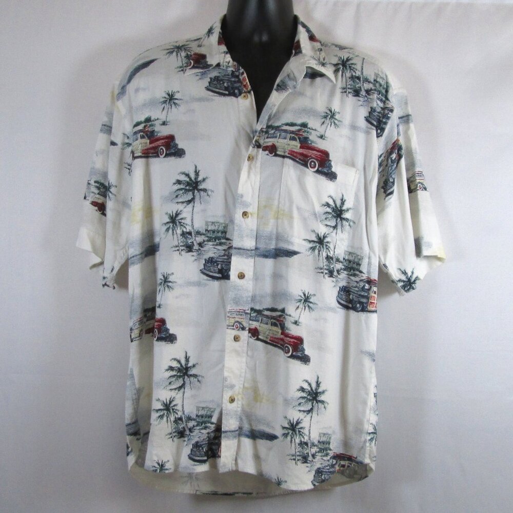 Boca Classics Mens Short Sleeve Button Down Shirt w\ Car Beach Scene Print Sz L